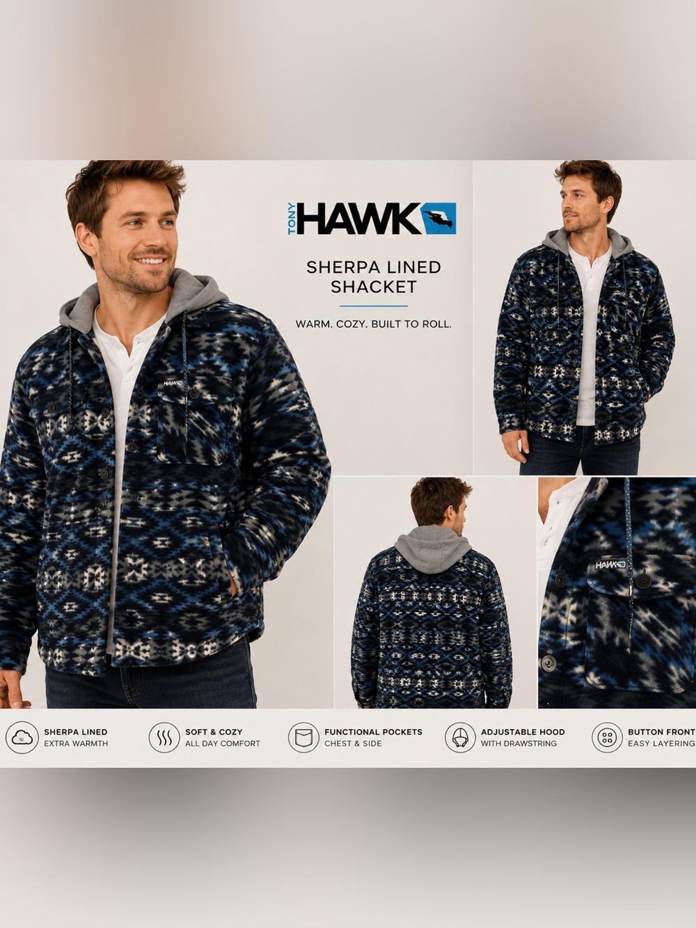 Tony Hawk Men’s M Aztec Sherpa Lined Hooded Shacket Jacket NWT